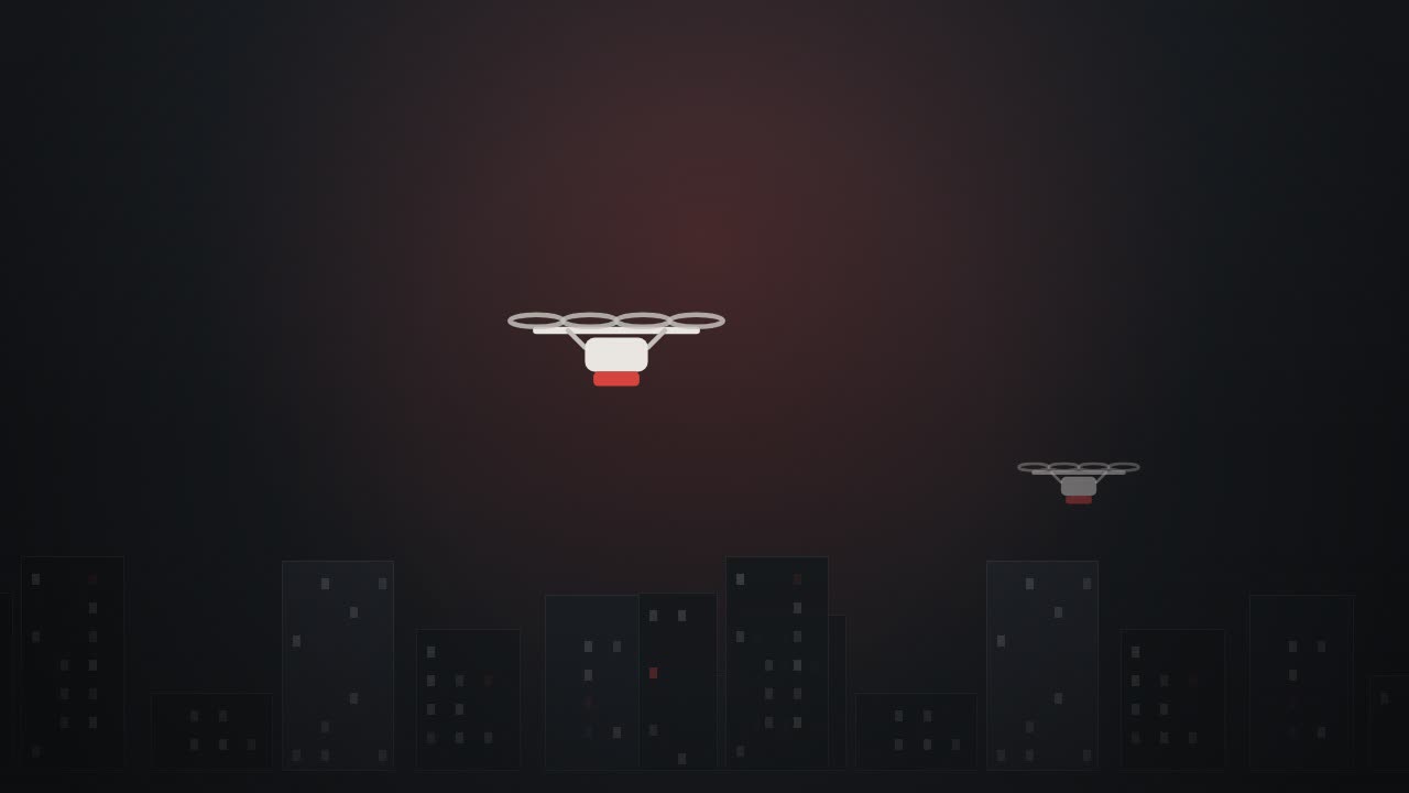 An aerial node in flight above a city