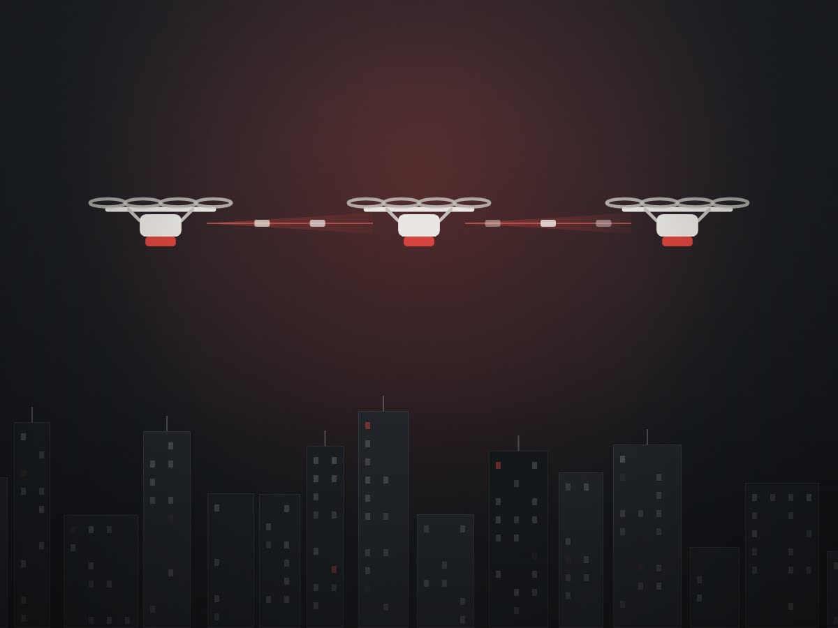 Level aerial nodes linked by narrow beams above a city